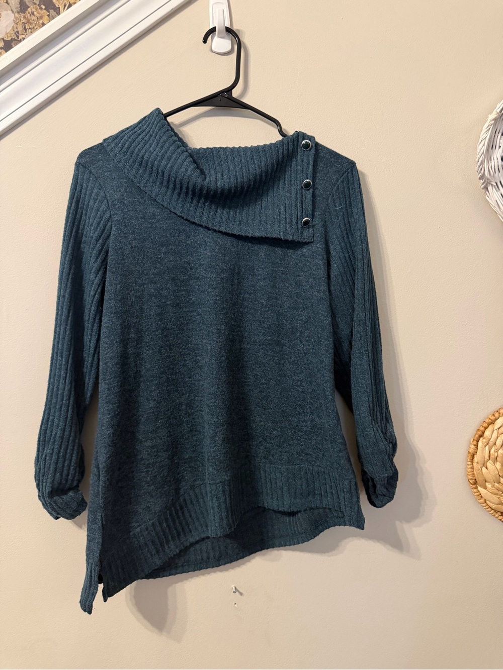 Adrienne Vittadini Teal Ribbed Button Cowl Neck Sweater